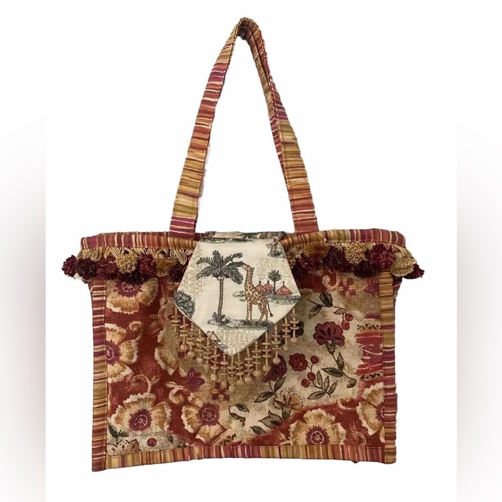 Handmade Folkloric Safari Floral M Sz Tote Purse Shoulder Bag Pompoms & Tassels